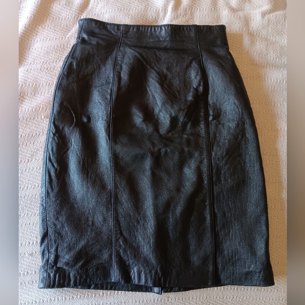 Evan Davies Genuine Nappa Black Leather High Waisted Fitted Skirt